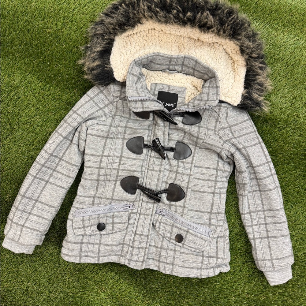 Me Jane Kids Gray Plaid Puffer with Faux Fur Trim